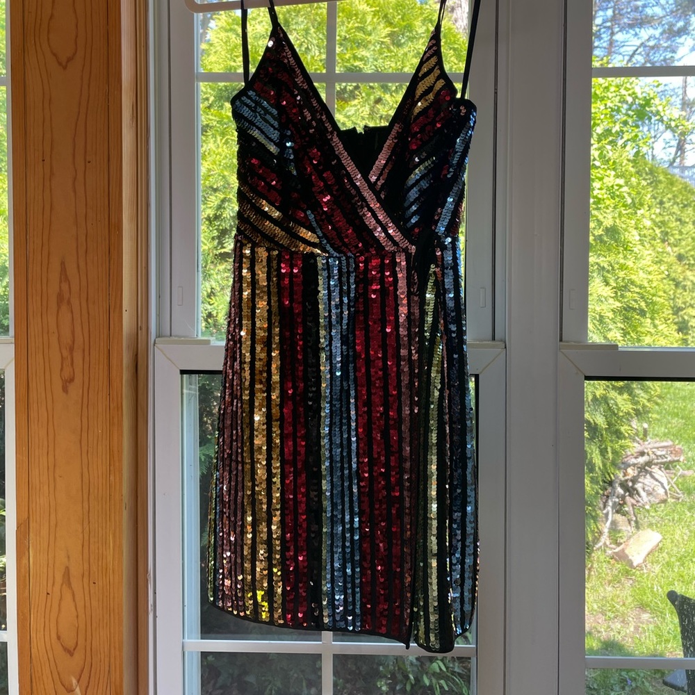 BCBG rainbow mini spaghetti strap cocktail dress
